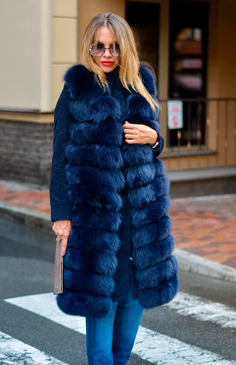 Женское пальто с жилетом из песца синее 1